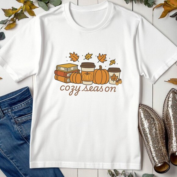Cozy Season Graphic Tee Books Pumpkins Fall Items T-Shirt - Picture 2 of 4